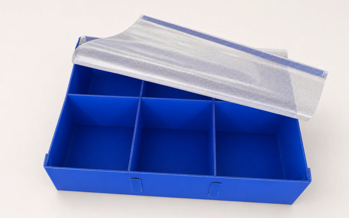 Applications Blue compartmented corrugated plastic box with protective cover for industrial parts