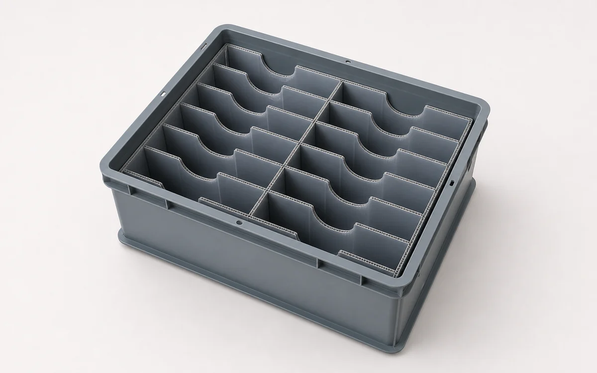 Applications Gray reusable tote with corrugated plastic divider insert for component separation