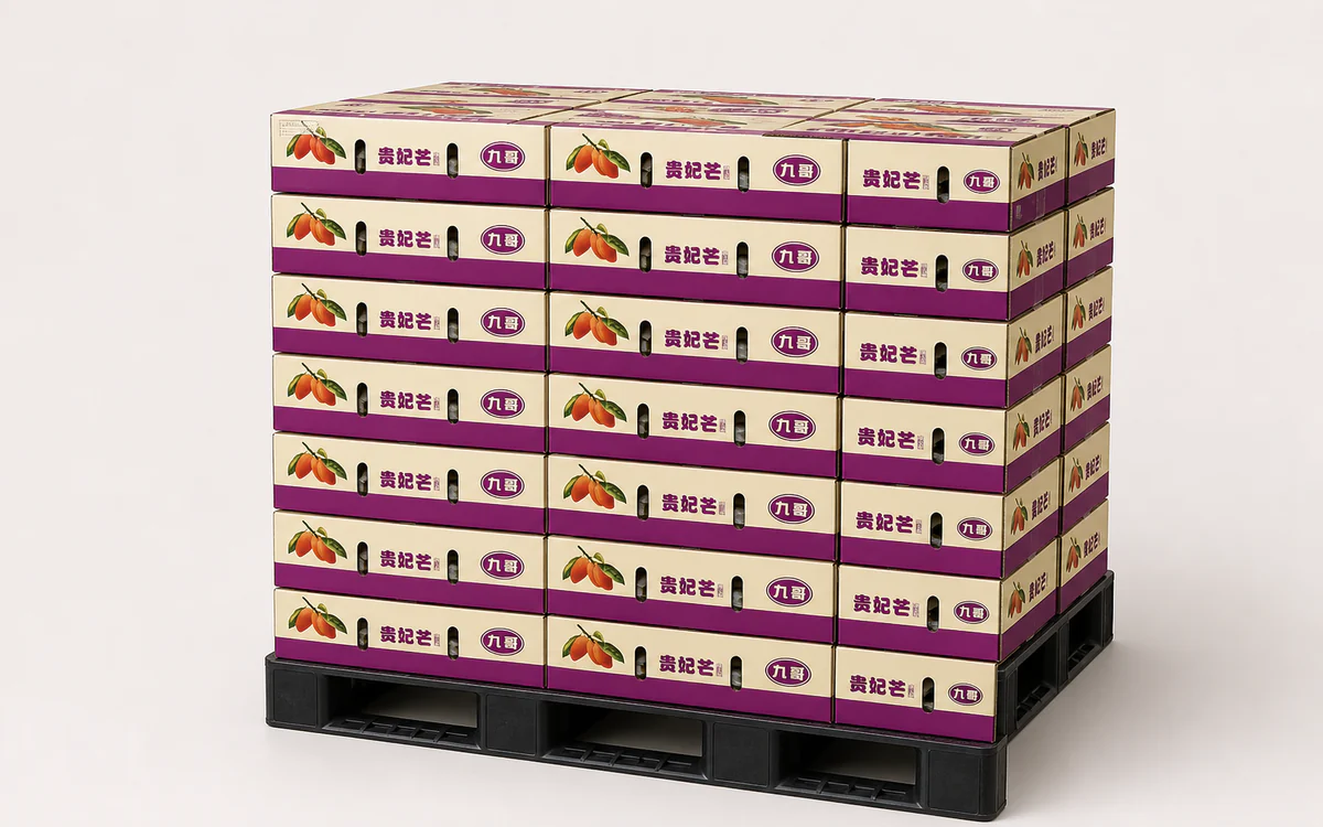Applications Printed mango produce boxes stacked on a pallet for export shipment