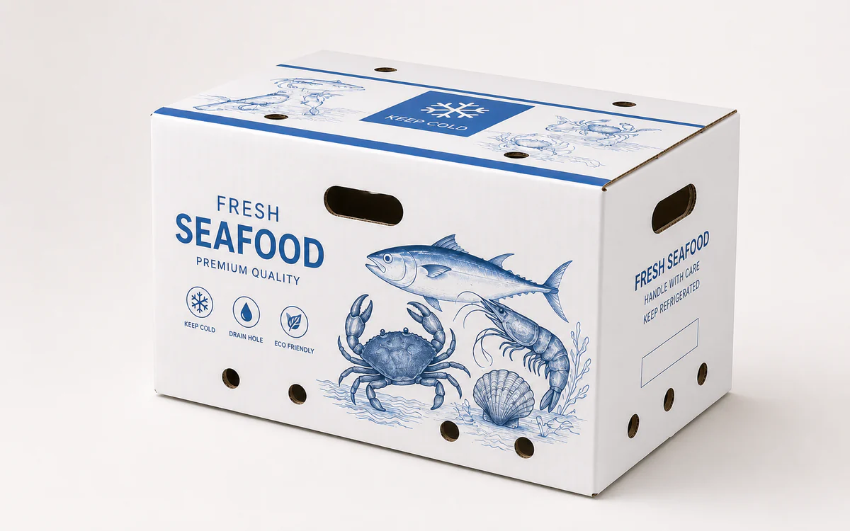 Applications White corrugated packaging box for seafood and cold-chain handling