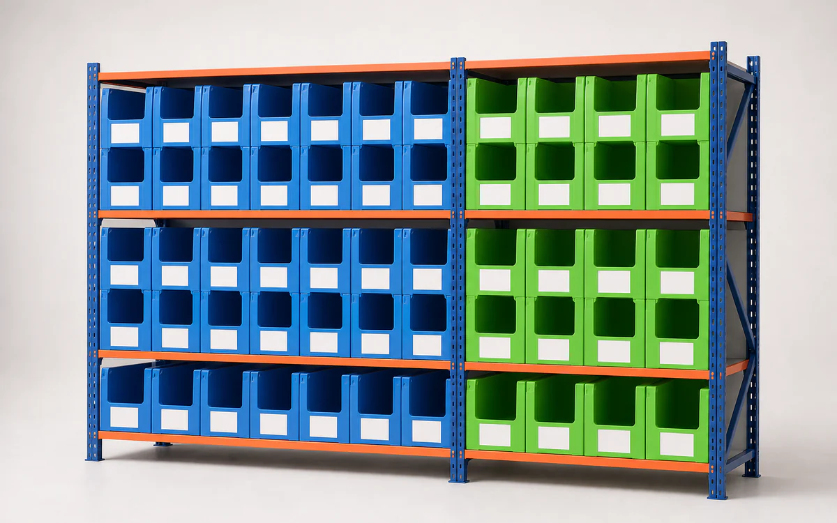 Applications Blue and green corrugated plastic picking bins arranged on a warehouse rack