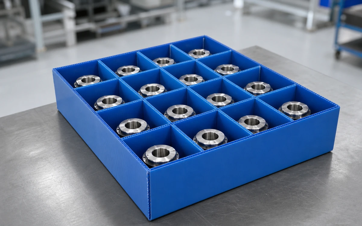 Blue corrugated plastic divider system separating machined metal parts
