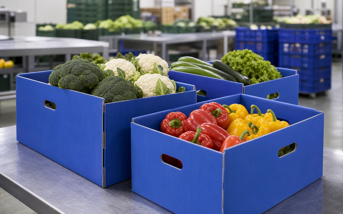 Blue corrugated plastic produce boxes filled with vegetables in a packing facility