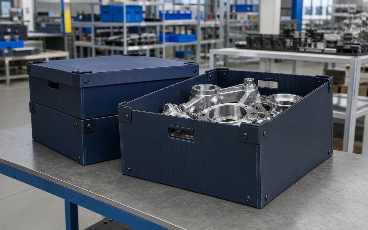 Reusable corrugated plastic totes holding machined industrial components
