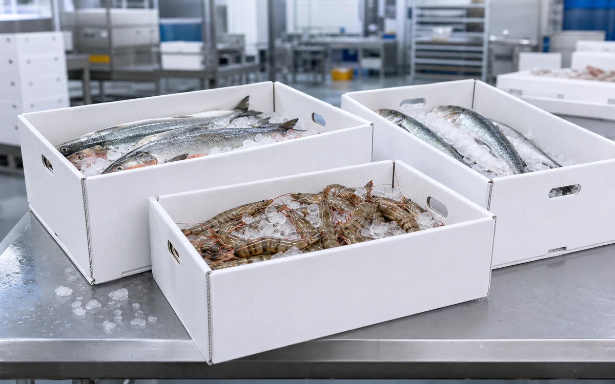 White corrugated plastic seafood boxes holding fish and shrimp on ice