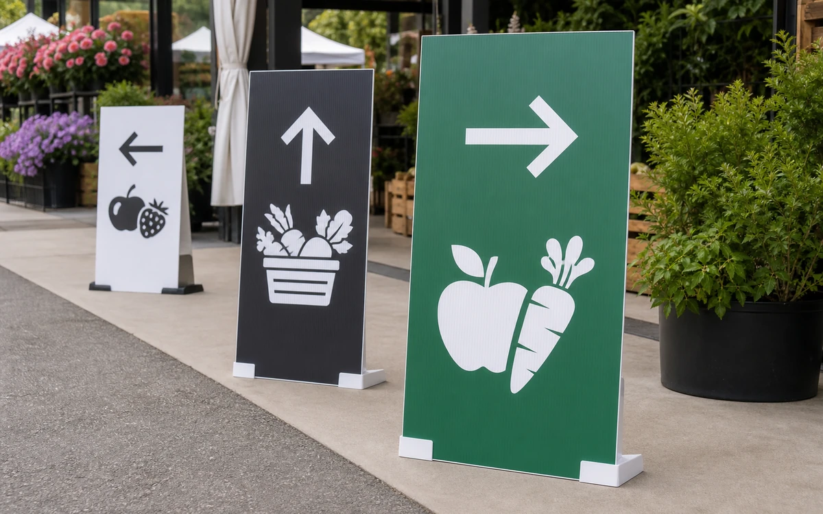 Printed corrugated plastic directional signs used at a market entrance