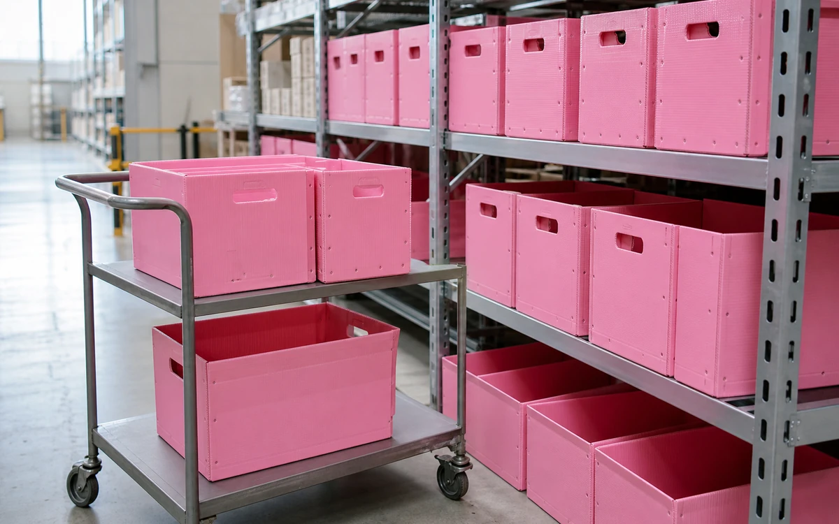 Pink corrugated plastic returnable bins used in warehouse storage and picking
