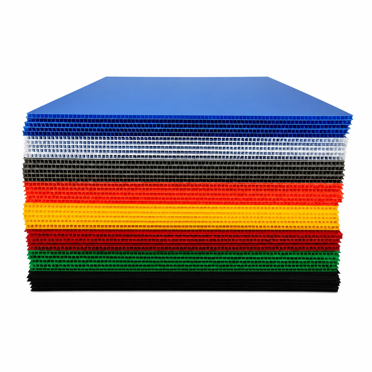 Corrugated Plastic Sheets Multicolor corrugated plastic sheets stacked on a white background