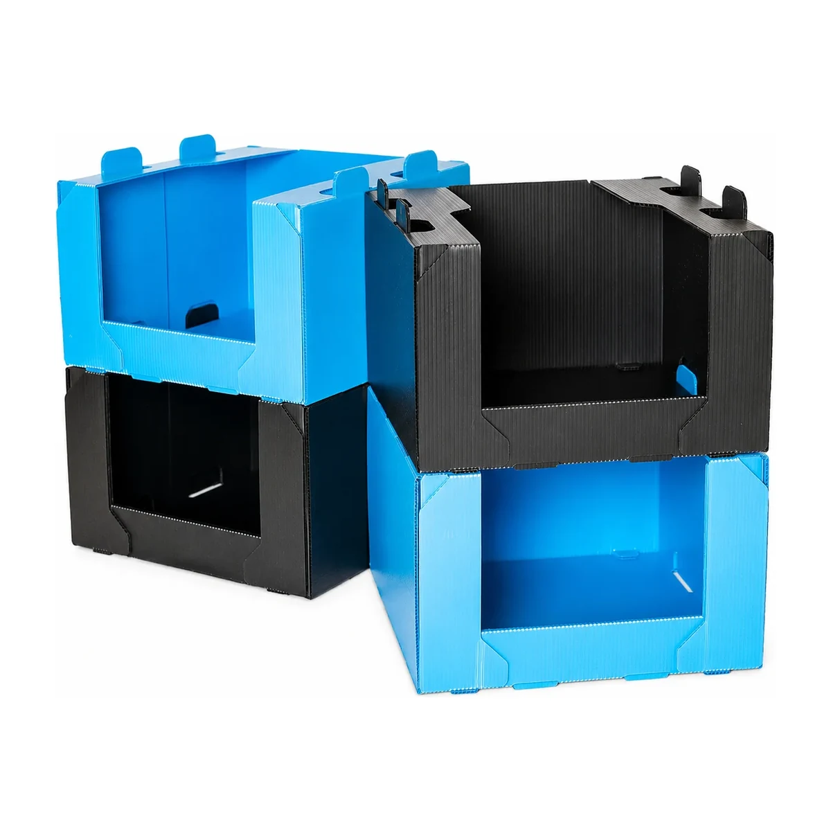Corrugated Plastic Bins & Totes Blue and black stackable corrugated plastic bins on a white background