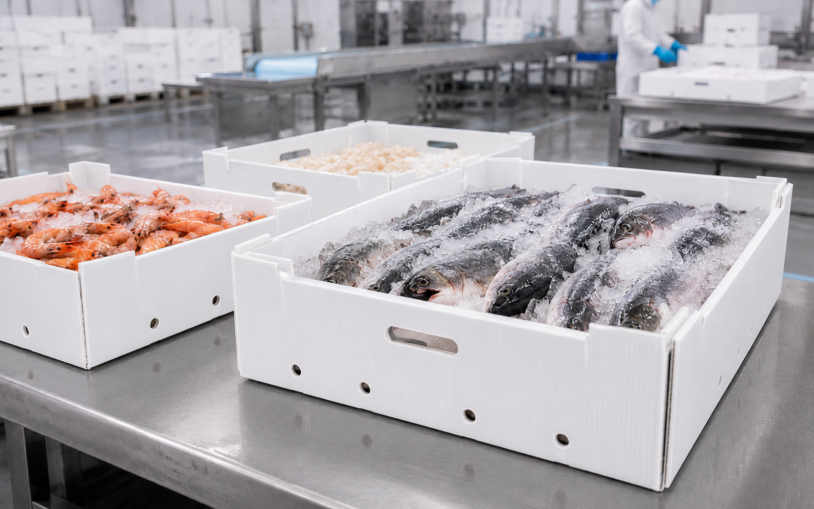 Home Seafood in corrugated plastic boxes with ice