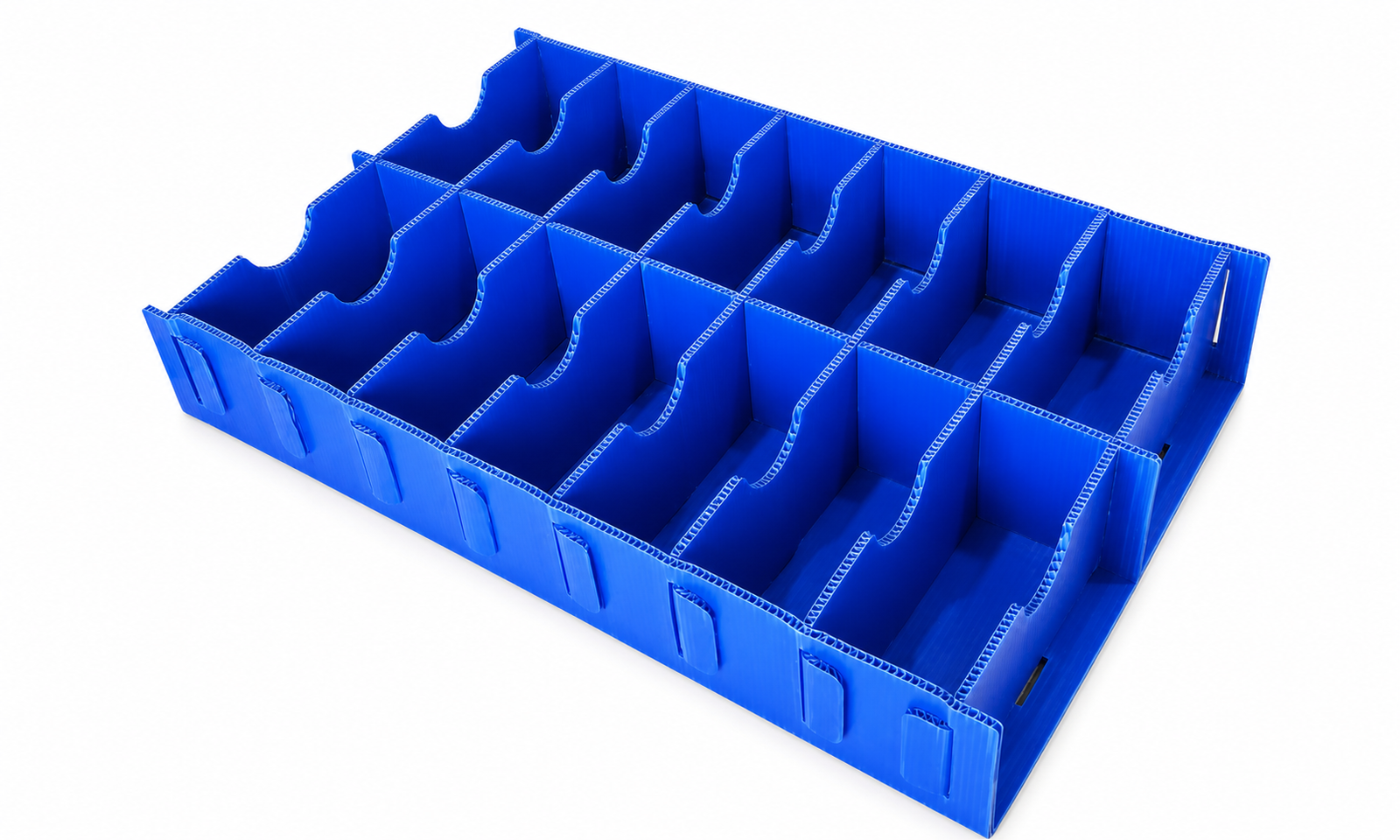 Blue corrugated plastic component separation divider tray on a white background