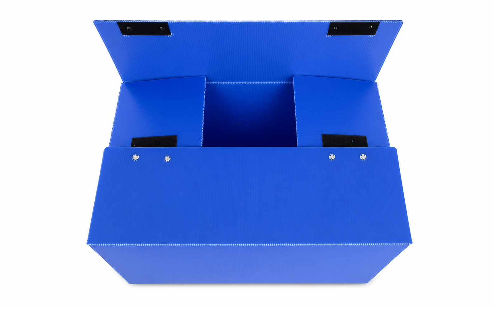 Industrial & Automotive Components Open blue foldable corrugated plastic automotive component box on a white background