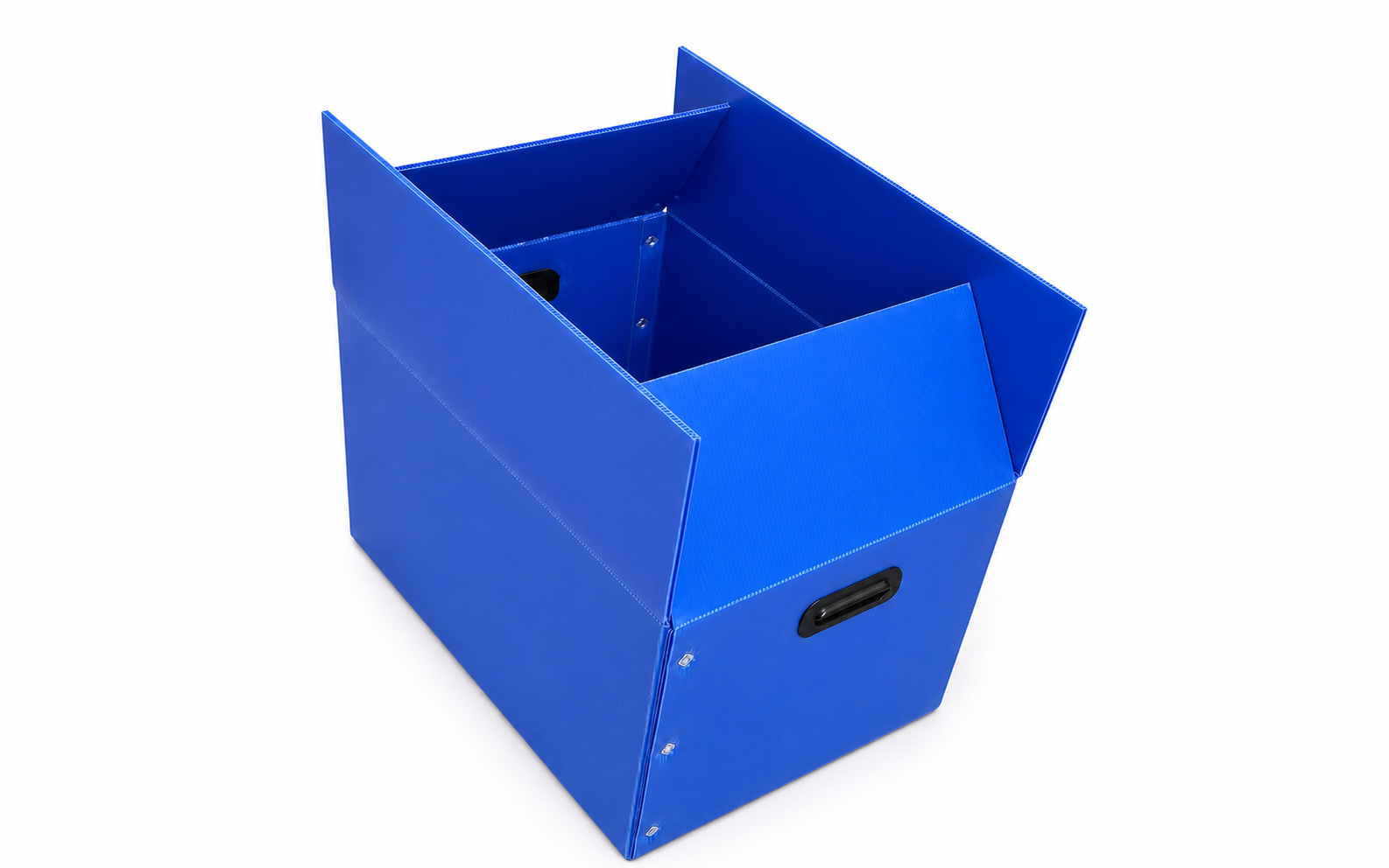 Industrial & Automotive Components Blue corrugated plastic industrial component handling box on a white background