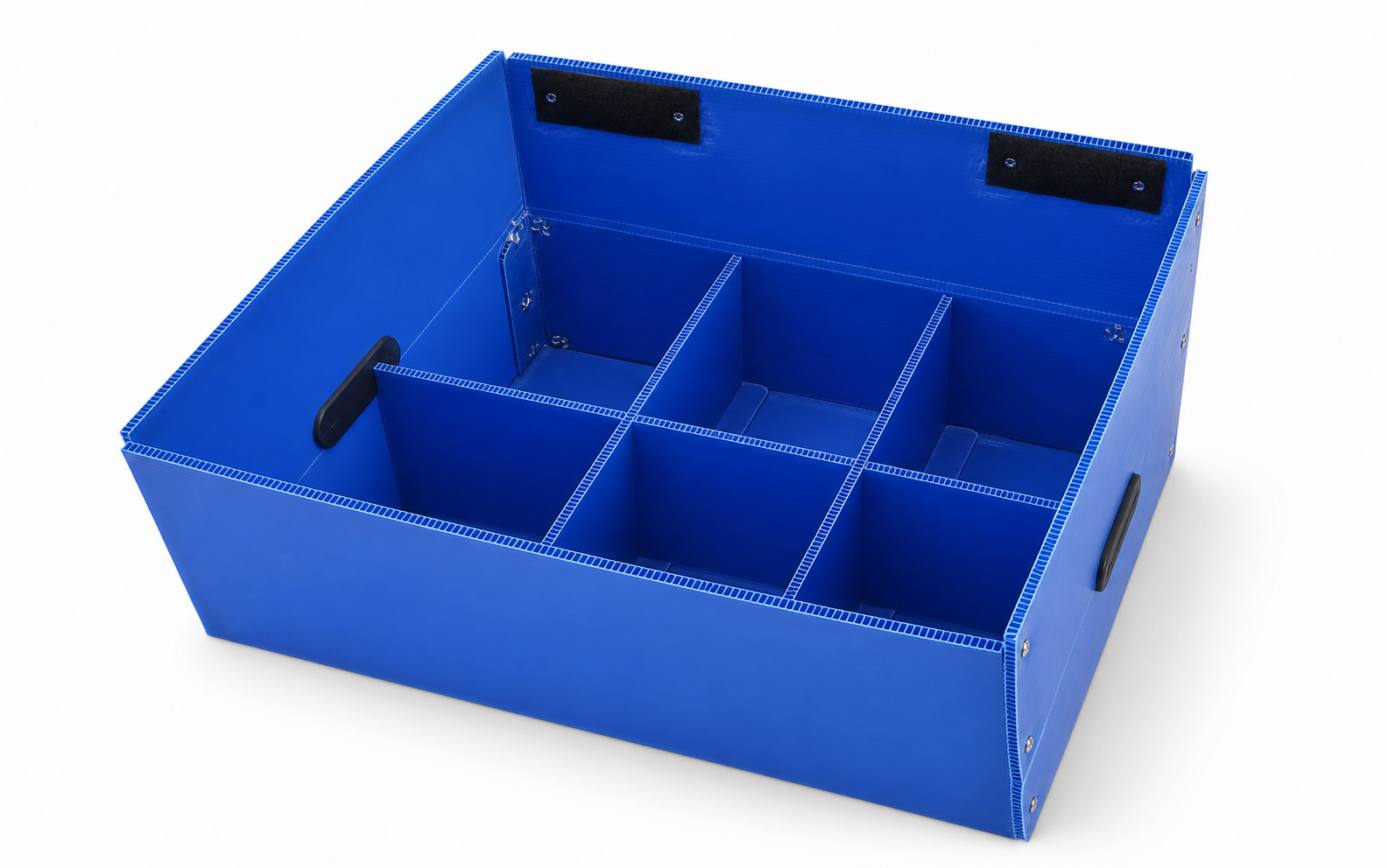 Industrial & Automotive Components Blue industrial box with four corrugated plastic divider compartments on a white background