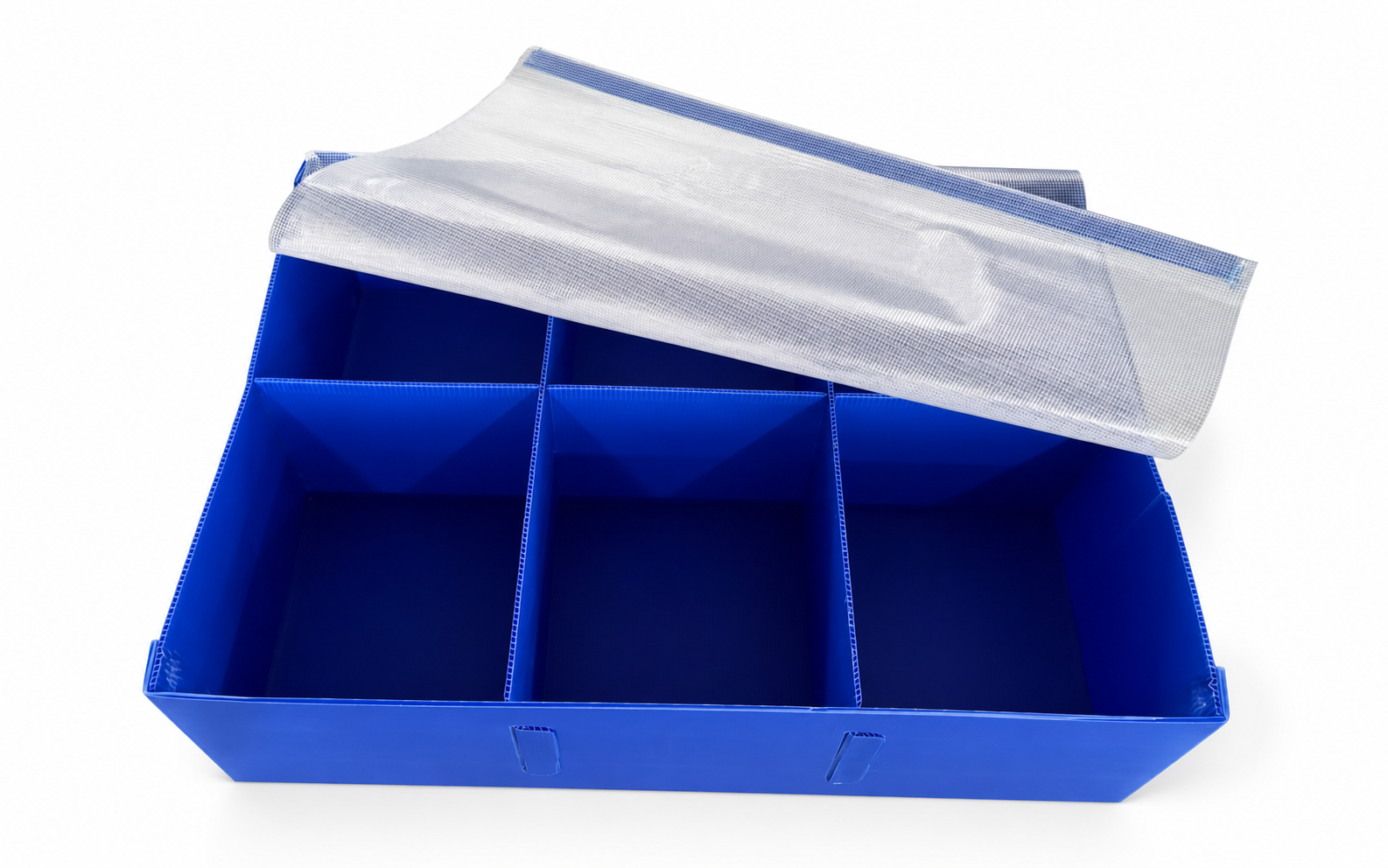 Blue corrugated plastic protective compartment box with silver cover on a white background