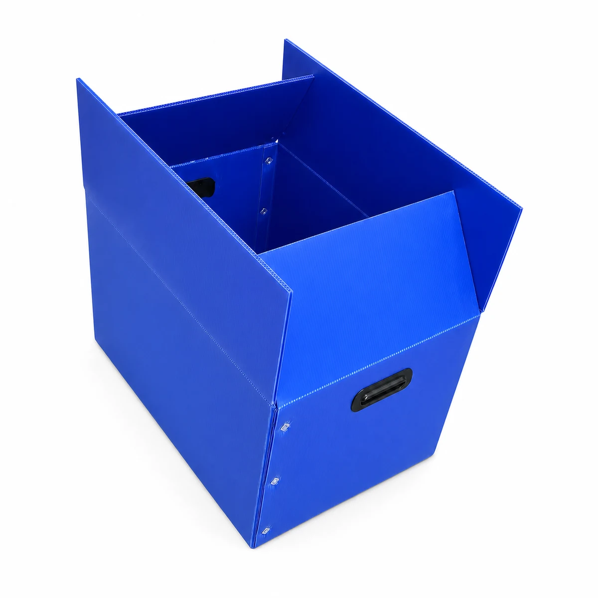Blue foldable corrugated plastic box on a white background
