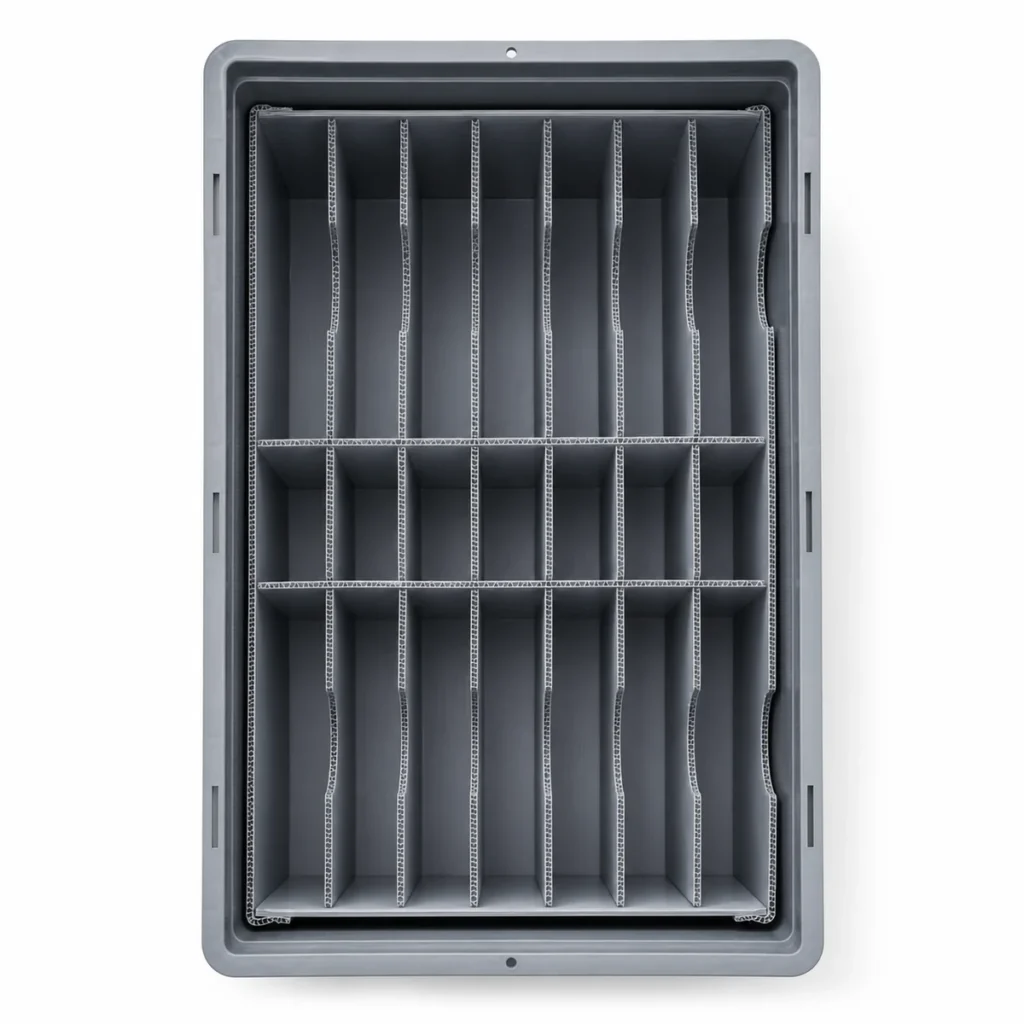 Gray corrugated plastic divider insert fitted in a tote on a white background