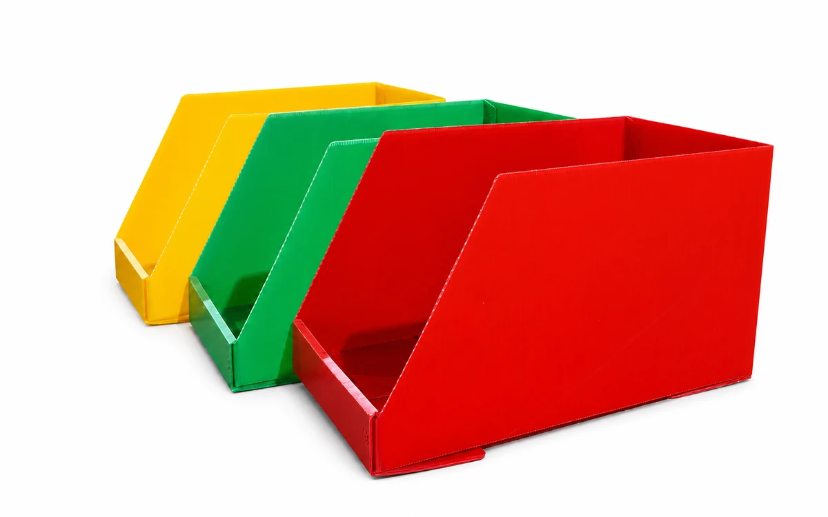 Warehouse & Returnable Logistics Red green and yellow corrugated plastic picking bins on a white background