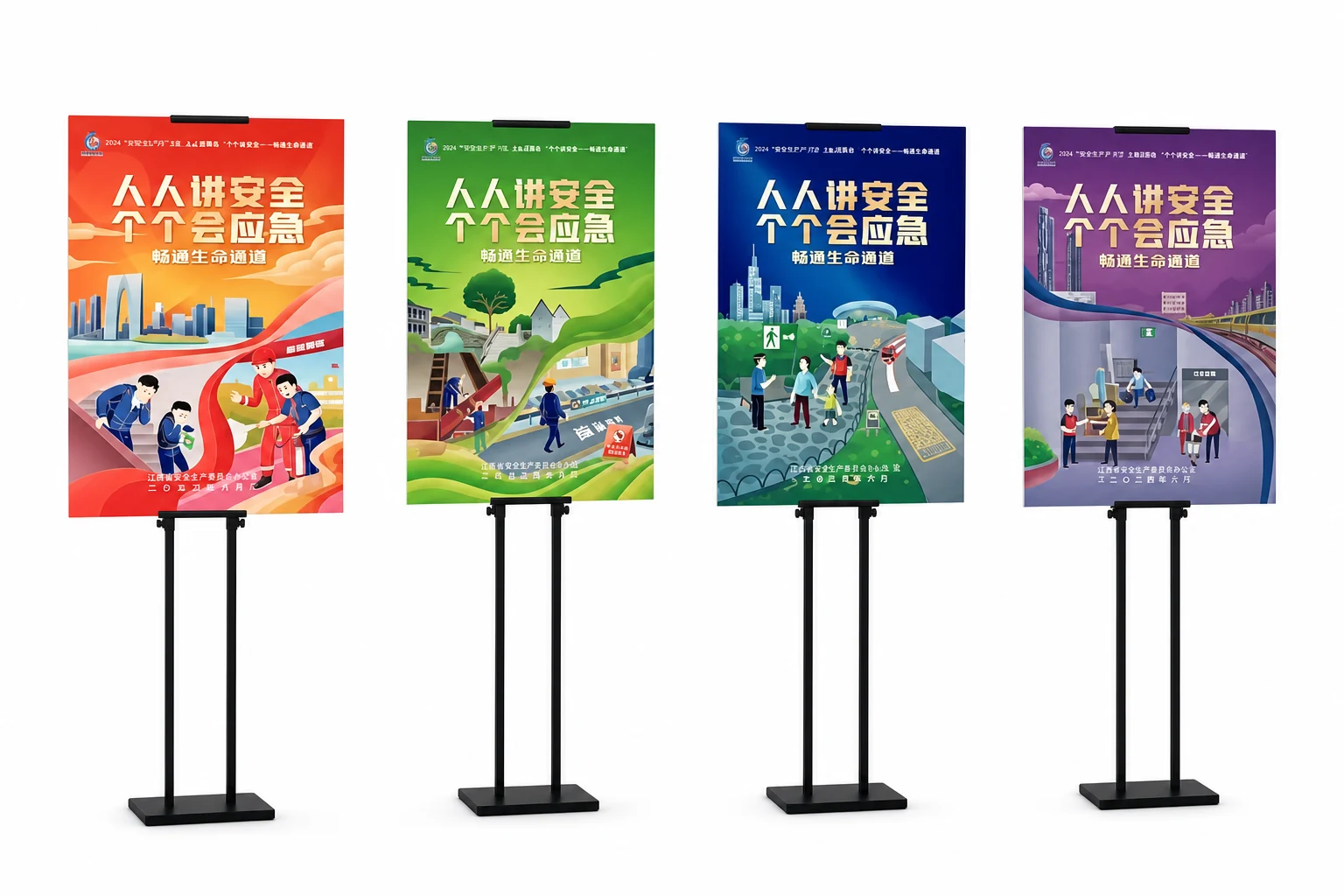 Four printed corrugated plastic promotional display boards on floor stands