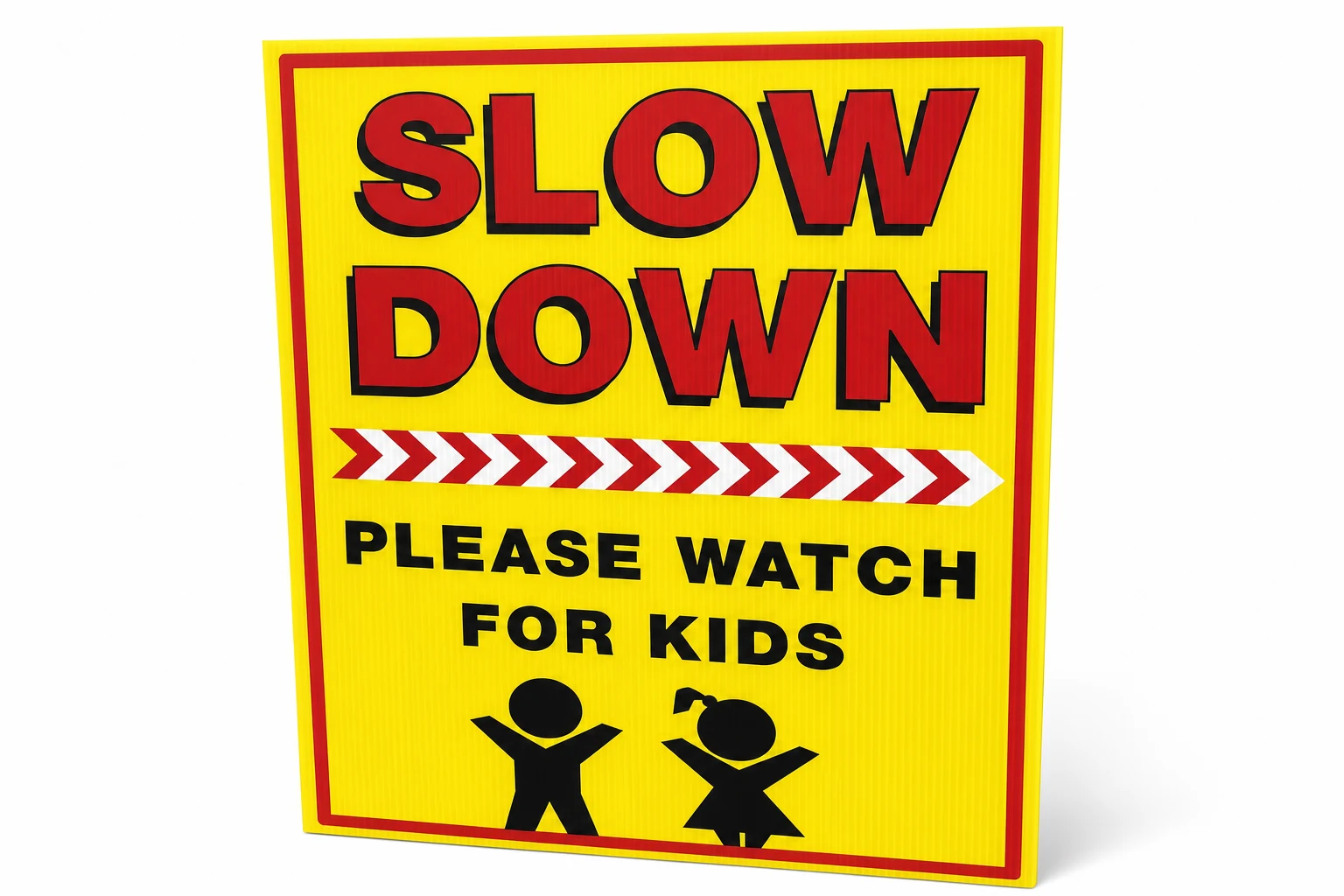 Yellow corrugated plastic Slow Down safety sign on a white background