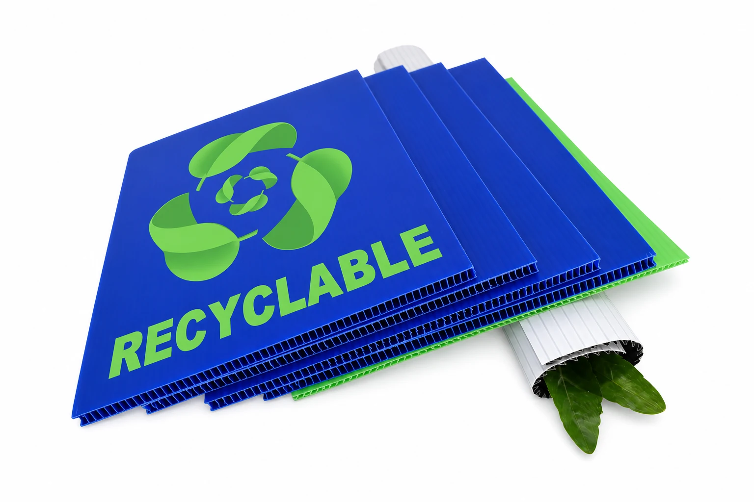 Recyclable corrugated plastic display boards on a white background