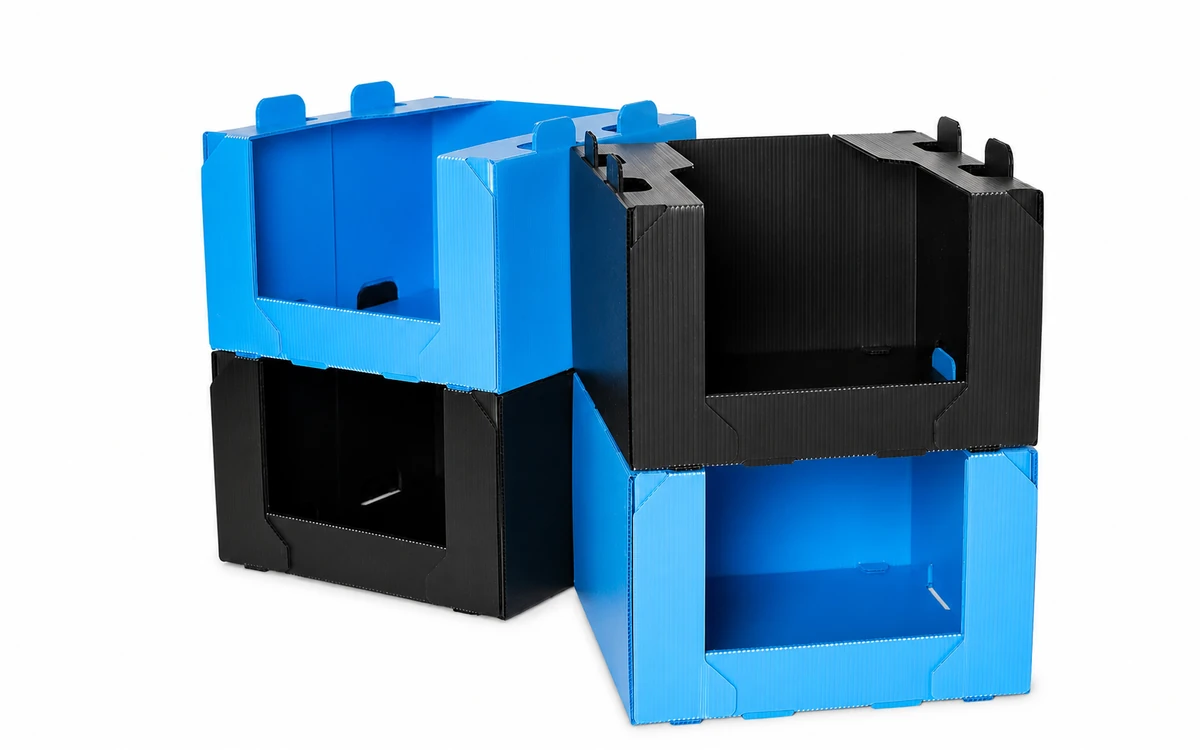 Warehouse & Returnable Logistics Stackable blue and black corrugated plastic bins on a white background