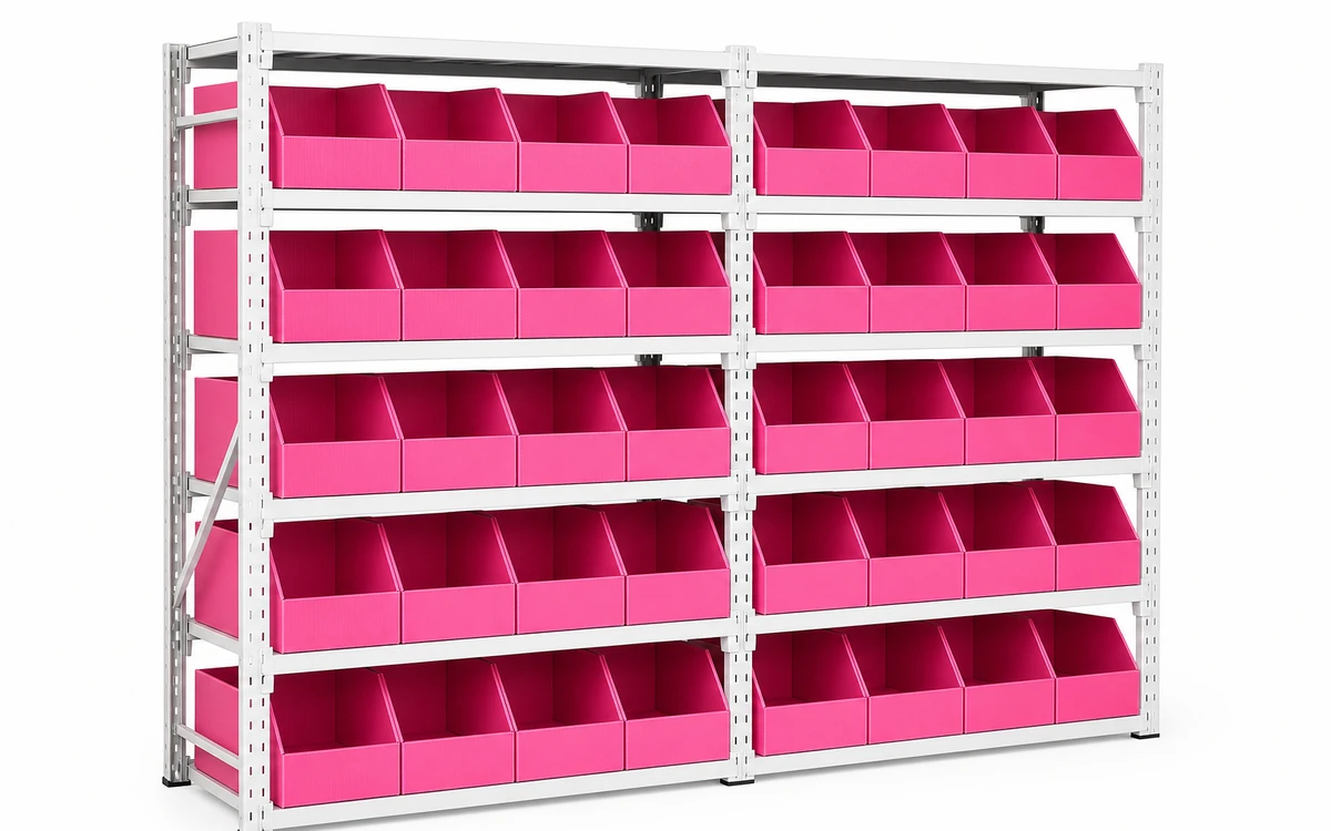 Warehouse & Returnable Logistics Pink corrugated plastic picking bins arranged on a white warehouse rack