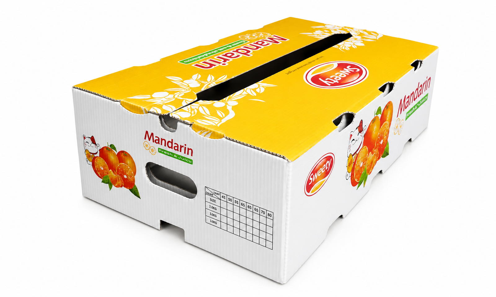 Yellow and white waterproof Mandarin produce box on a white background