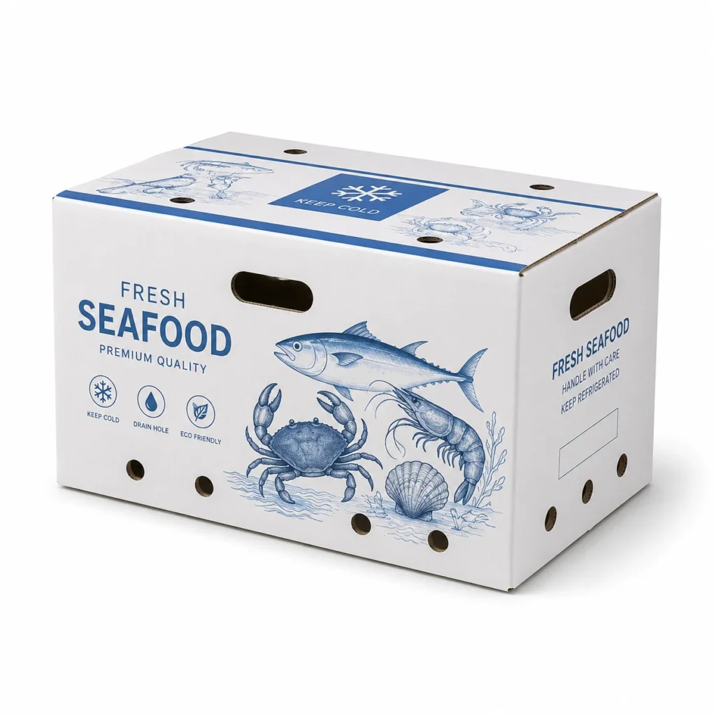 White waterproof seafood cold chain packaging box with blue printed graphics