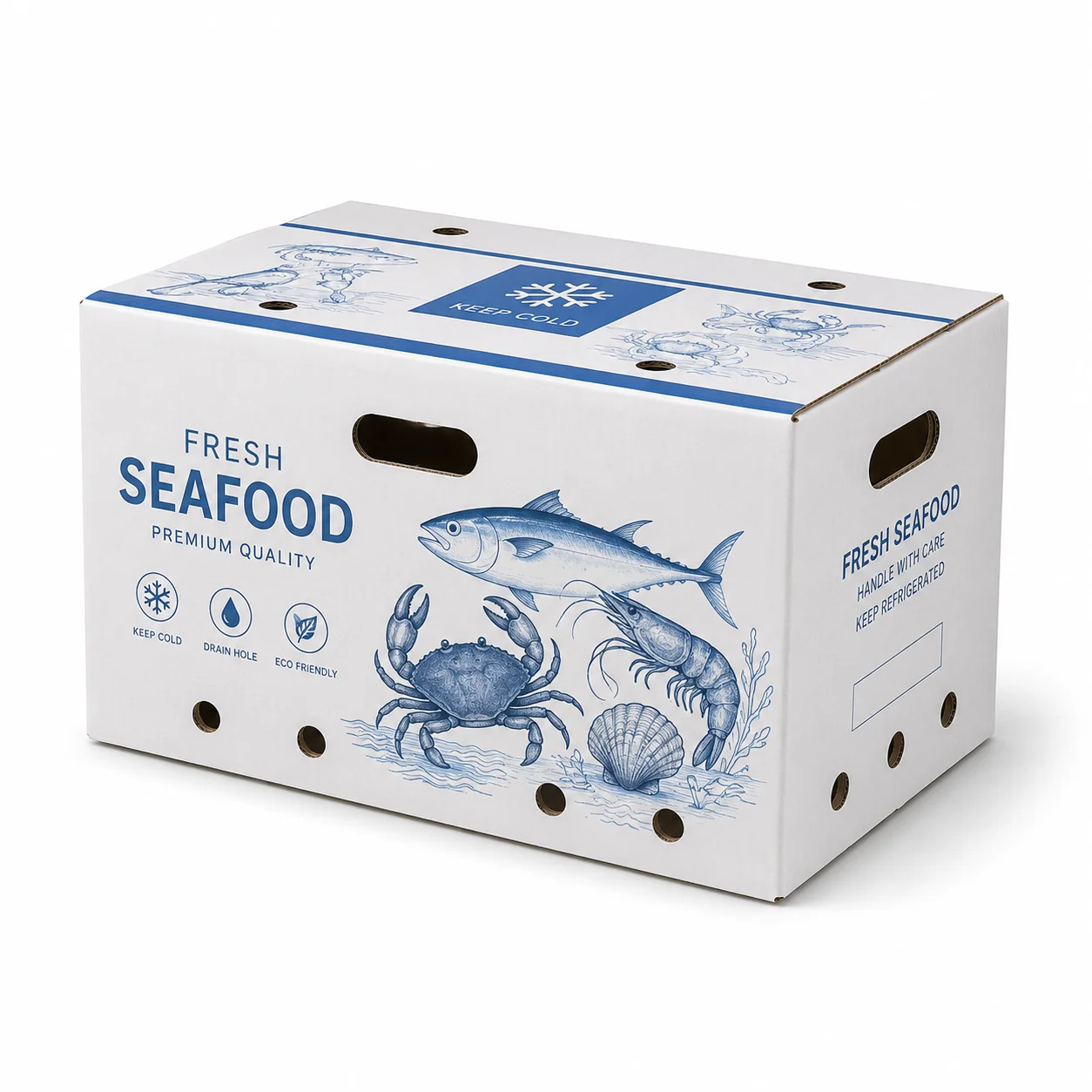 White waterproof seafood cold chain packaging box with blue printed graphics