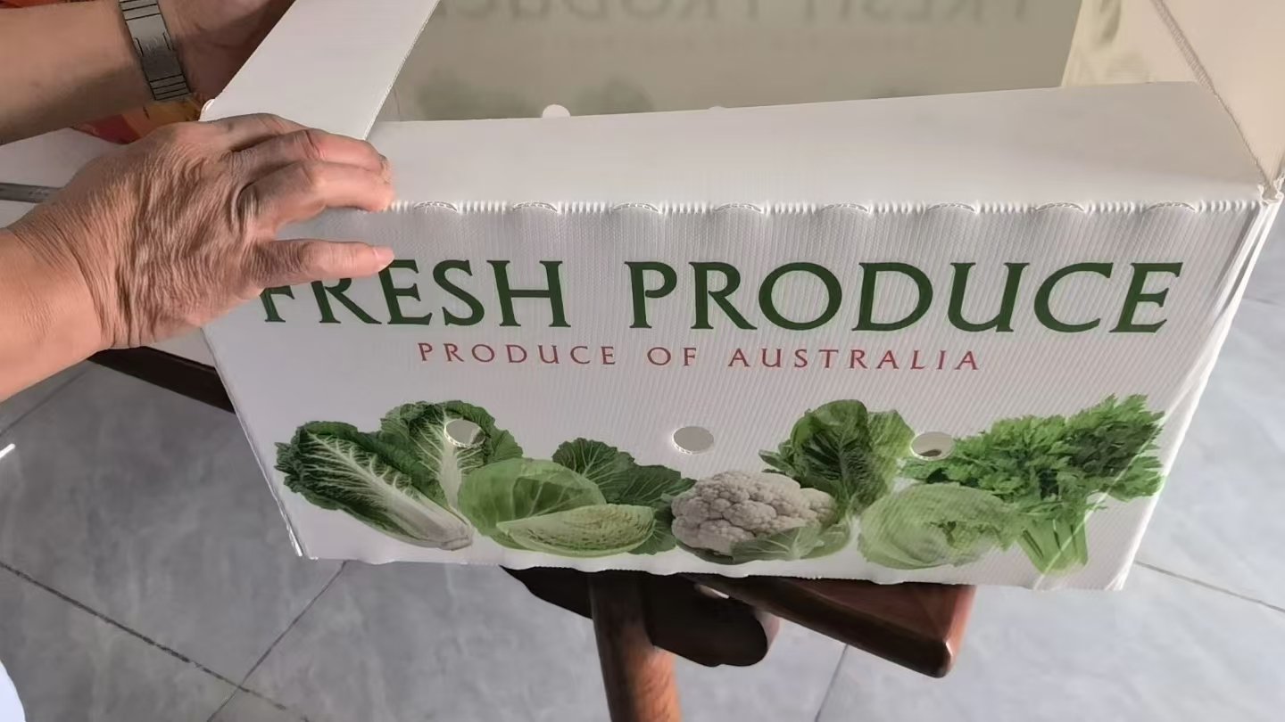 White reusable PP corrugated plastic box printed for fresh Australian produce