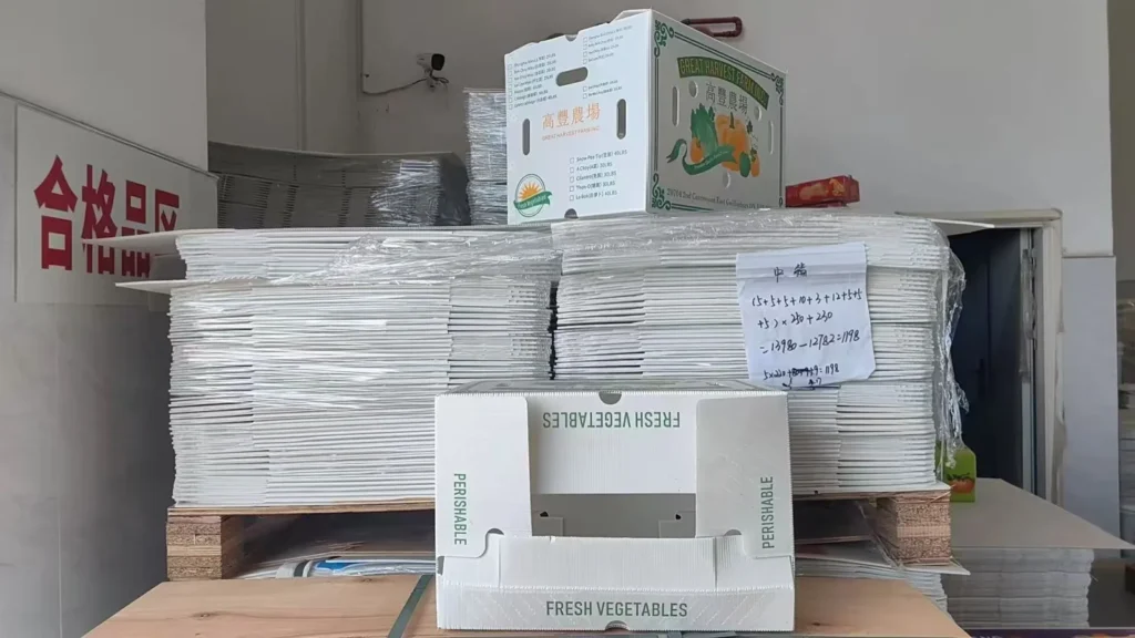 White corrugated plastic produce boxes stacked during factory production