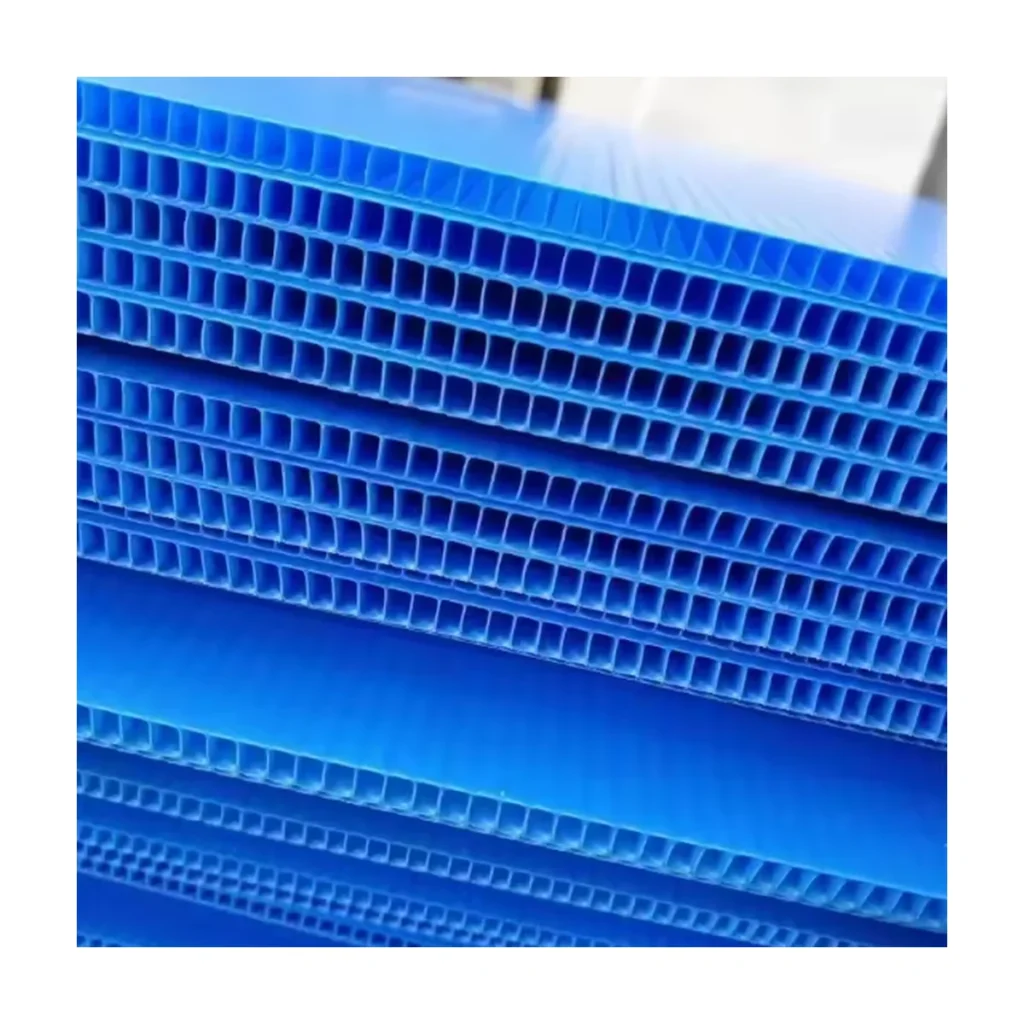 Blue PP corrugated plastic sheets showing twin-wall rib structure