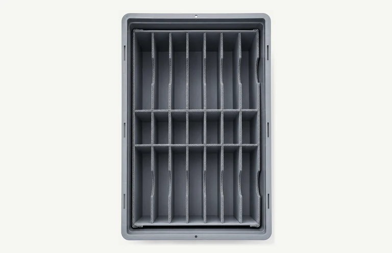 Gray tote with an internal corrugated plastic compartment insert
