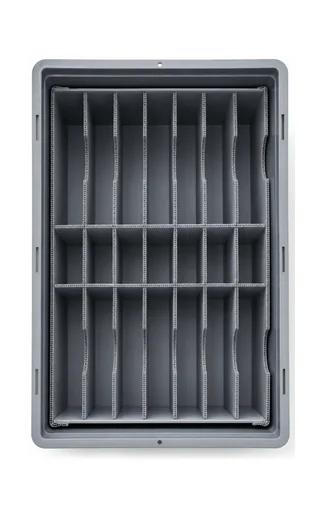 Gray corrugated plastic divider insert fitted in a tote on a white background