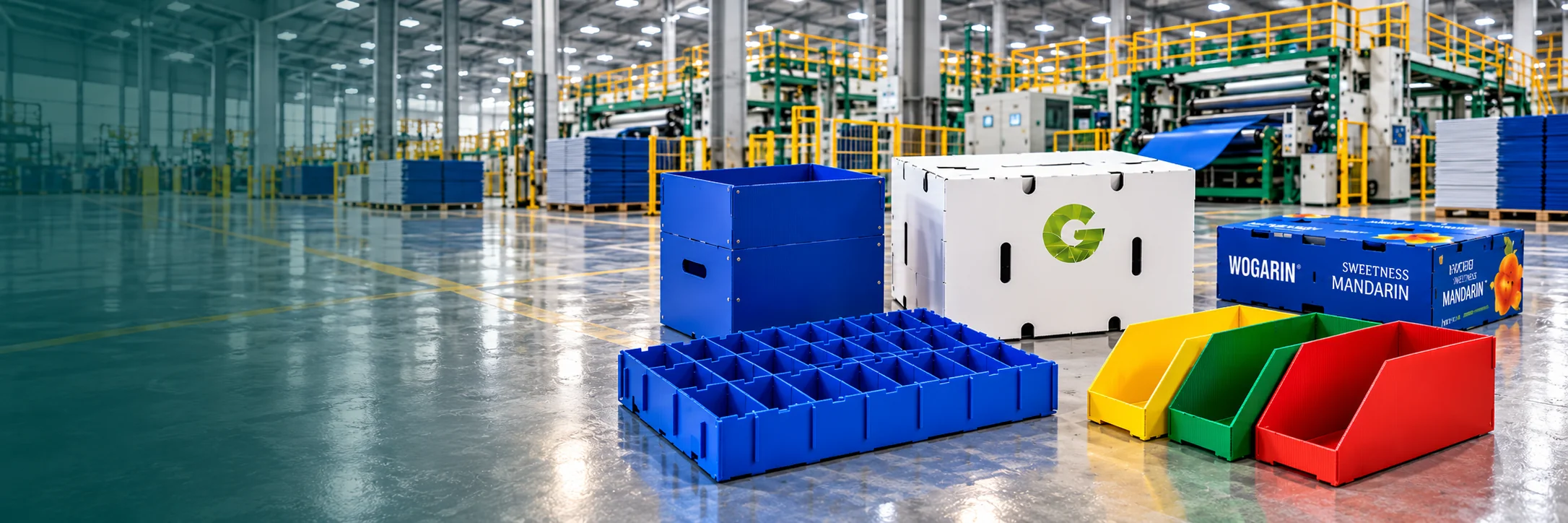 Custom PP corrugated boxes, dividers and bins in a packaging factory
