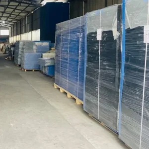Palletized corrugated plastic inventory staged in the warehouse