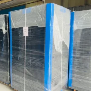 Finished corrugated plastic goods stretch-wrapped and secured on pallets