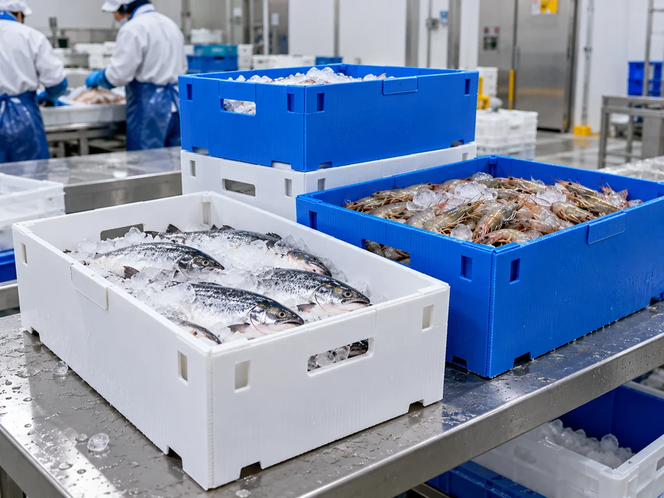 PP corrugated seafood boxes with fish and shrimp on ice in cold-chain handling